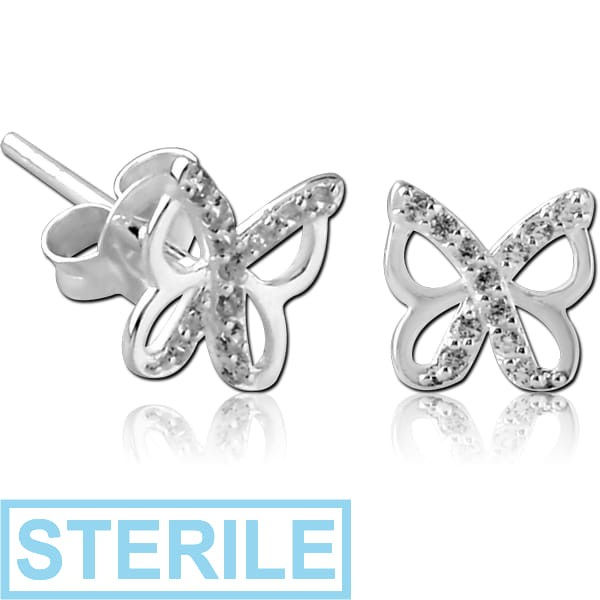 STERILE STERLING SILVER 925 JEWELLED EAR STUDS PAIR - BUTTERFLY
