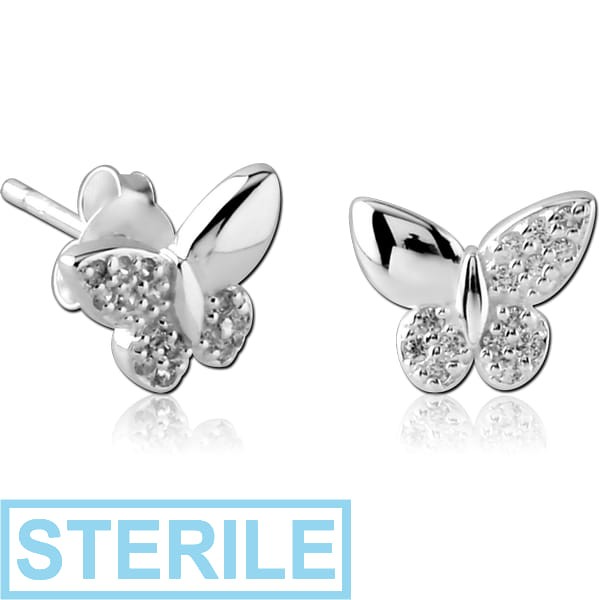 STERILE STERLING SILVER 925 JEWELLED EAR STUDS PAIR - BUTTERFLY