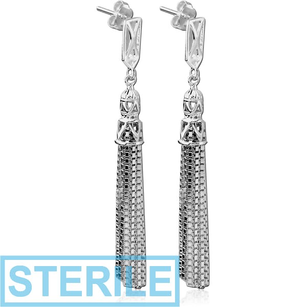 STERILE STERLING SILVER 925 EAR STUDS PAIR WITH DANGLING CHAIN