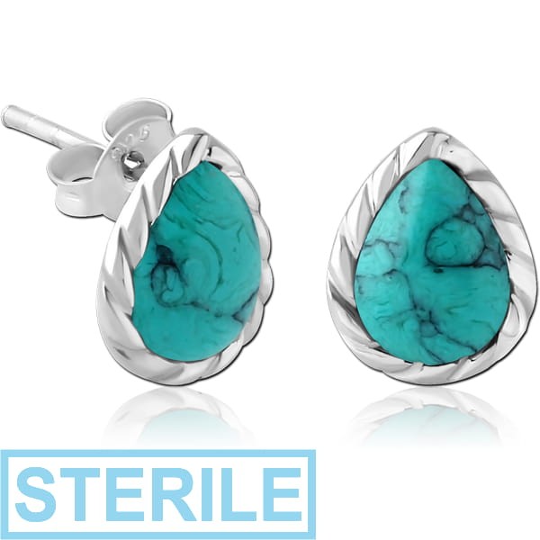 STERILE STERLING SILVER 925 EAR STUDS PAIR WITH TURQUOISE - DROP