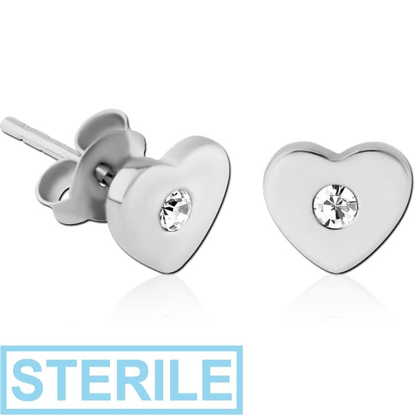 STERILE STERLING SILVER 925 JEWELLED EAR STUDS PAIR -HEART