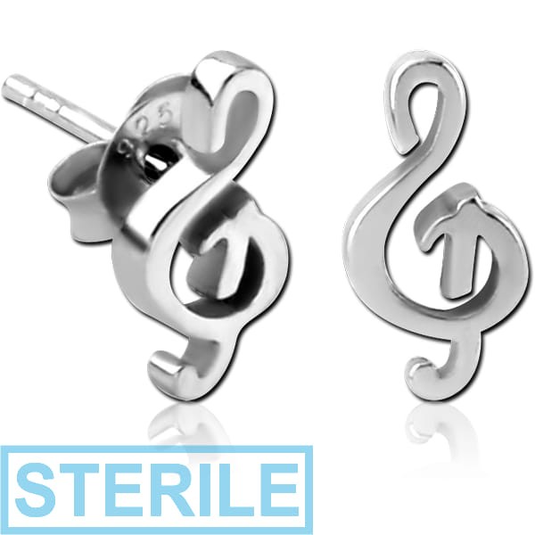 STERILE STERLING SILVER 925 EAR STUDS PAIR - MUSIC NOTE