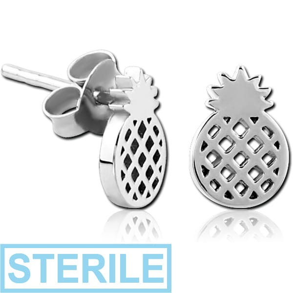 STERILE STERLING SILVER 925 EAR STUDS PAIR - PINEAPPLE