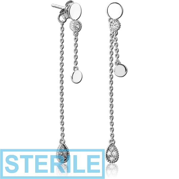 STERILE STERLING SILVER 925 JEWELLED CHAIN EAR STUDS PAIR