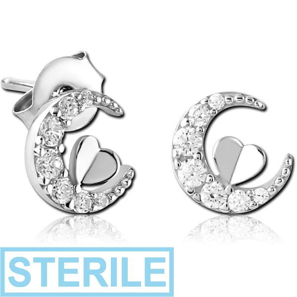 STERILE STERLING SILVER 925 JEWELLED EAR STUDS PAIR - CRESCENT