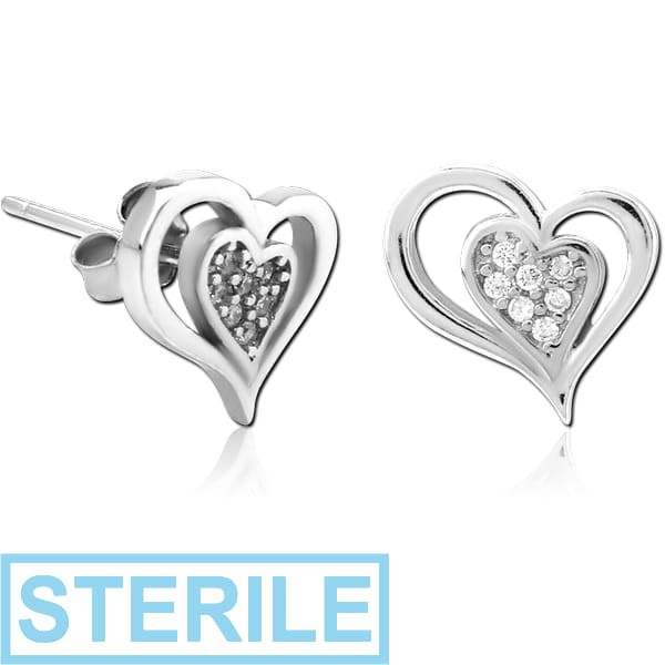 STERILE STERLING SILVER 925 JEWELLED EAR STUDS PAIR - TWO HEARTS
