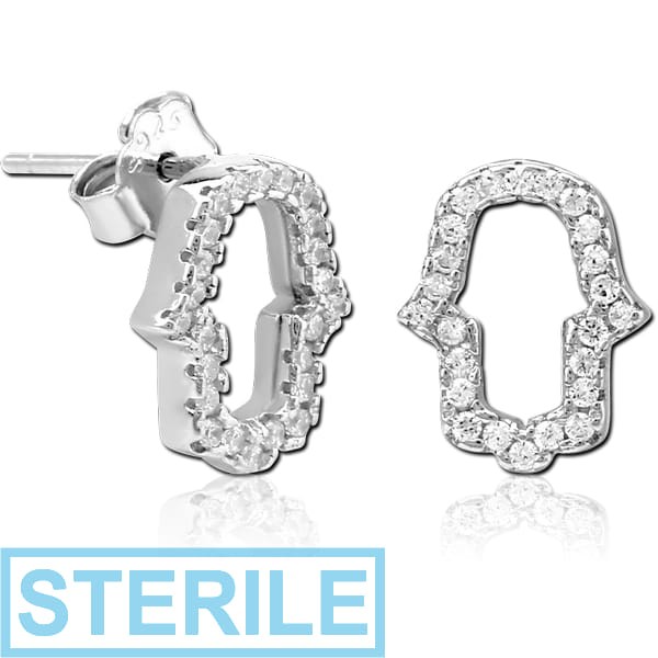 STERILE STERLING SILVER 925 JEWELLED EAR STUDS PAIR - HAMSA