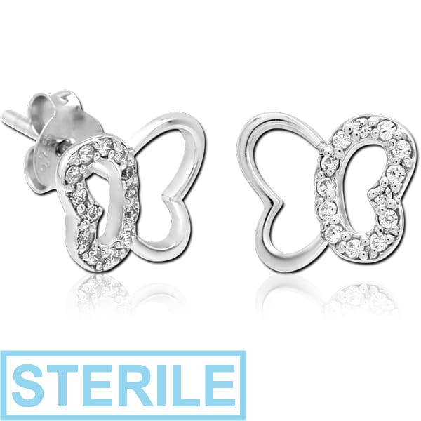 STERILE STERLING SILVER 925 JEWELLED EAR STUDS PAIR - BUTTERFLY