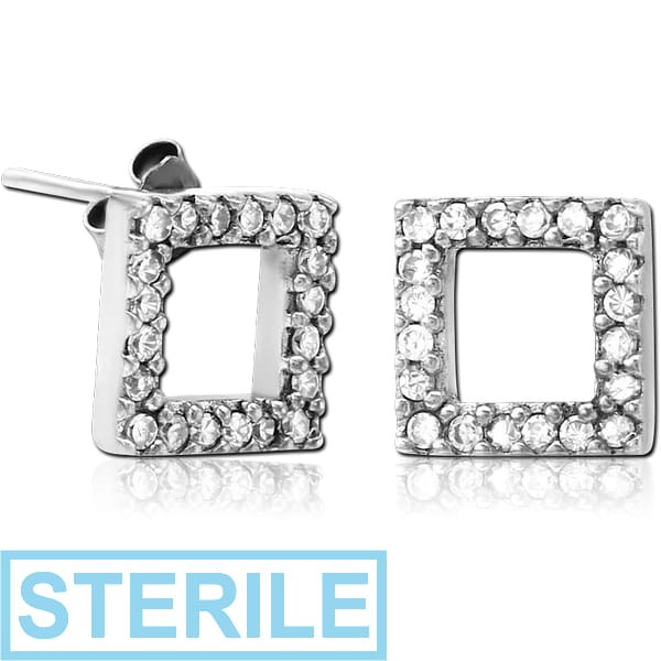 STERILE STERLING SILVER 925 JEWELLED EAR STUDS PAIR - SQUARE
