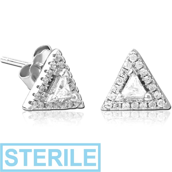 STERILE STERLING SILVER 925 JEWELLED EAR STUDS PAIR - TRIANGLE