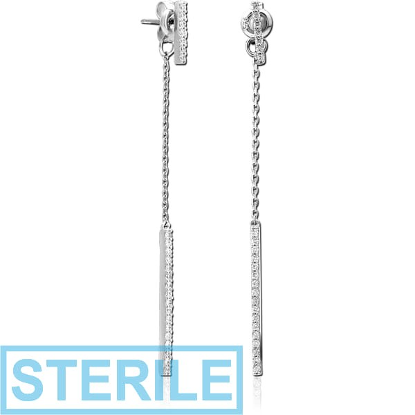 STERILE STERLING SILVER 925 JEWELLED CHAIN EAR STUDS PAIR