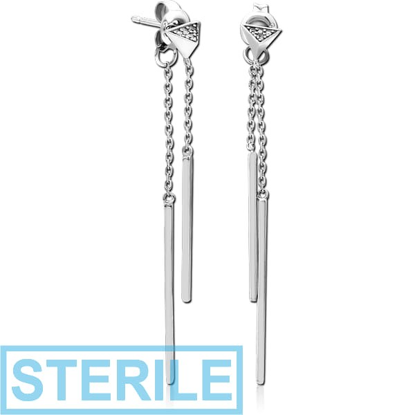 STERILE STERLING SILVER 925 JEWELLED CHAIN EAR STUDS PAIR