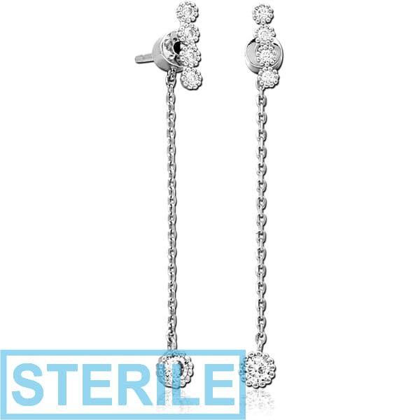 STERILE STERLING SILVER 925 JEWELLED CHAIN EAR STUDS PAIR