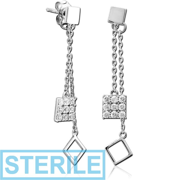 STERILE STERLING SILVER 925 JEWELLED CHAIN EAR STUDS PAIR
