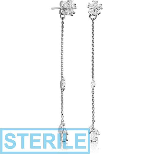 STERILE STERLING SILVER 925 JEWELLED CHAIN EAR STUDS PAIR