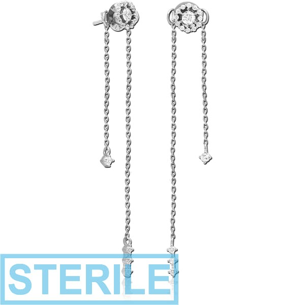 STERILE STERLING SILVER 925 JEWELLED CHAIN EAR STUDS PAIR