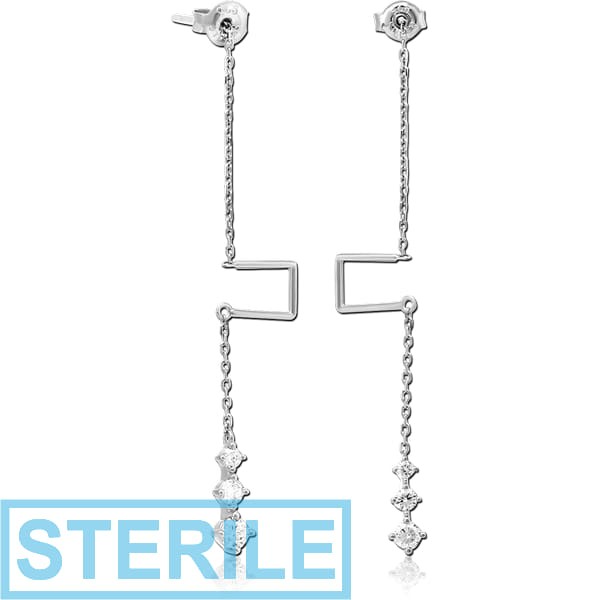 STERILE STERLING SILVER 925 JEWELLED CHAIN EAR STUDS PAIR
