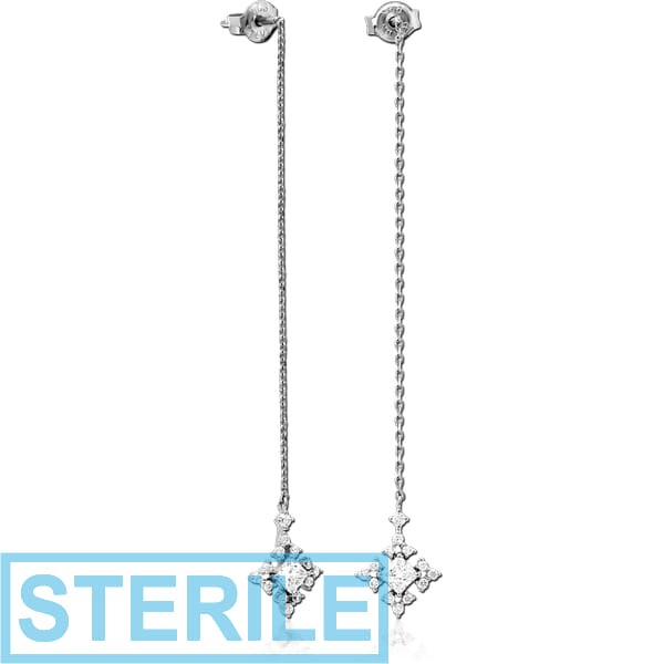 STERILE STERLING SILVER 925 JEWELLED CHAIN EAR STUDS PAIR