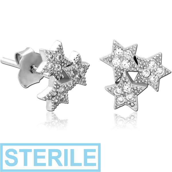 STERILE STERLING SILVER 925 JEWELLED EAR STUDS PAIR - TRIPLE STAR