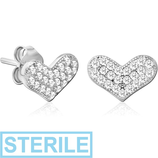 STERILE STERLING SILVER 925 JEWELLED EAR STUDS PAIR - HEART