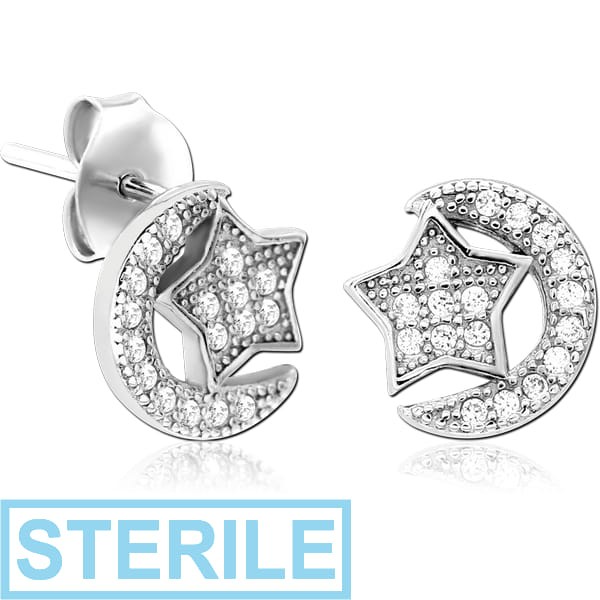 STERILE STERLING SILVER 925 JEWELLED EAR STUDS PAIR - STAR AND CRESCENT