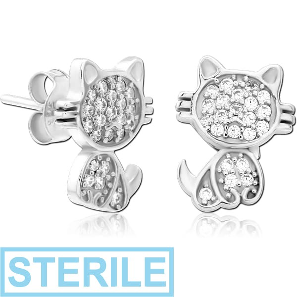 STERILE STERLING SILVER 925 JEWELLED EAR STUDS PAIR - CAT