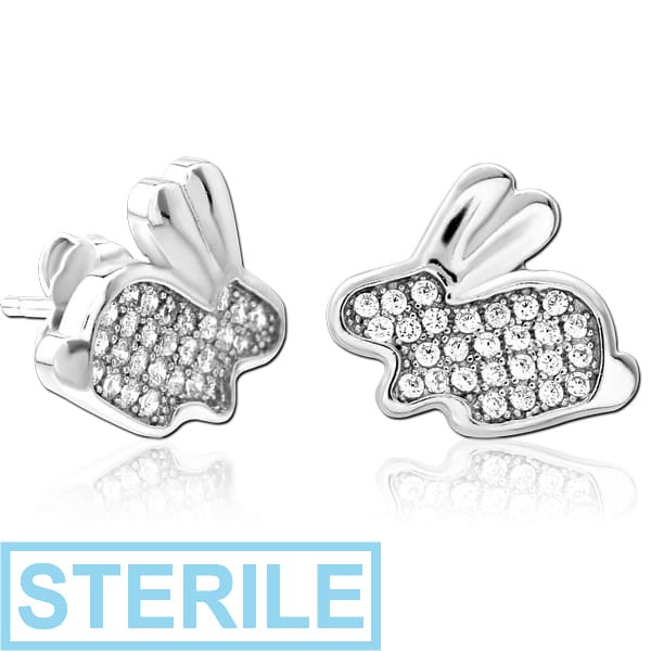 STERILE STERLING SILVER 925 JEWELLED EAR STUDS PAIR - RABBIT