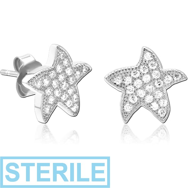 STERILE STERLING SILVER 925 JEWELLED EAR STUDS PAIR - STARFISH