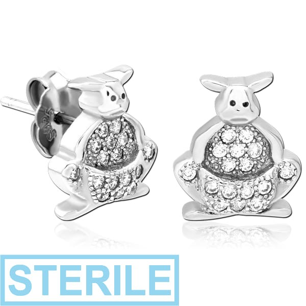 STERILE STERLING SILVER 925 JEWELLED EAR STUDS PAIR - RABBIT