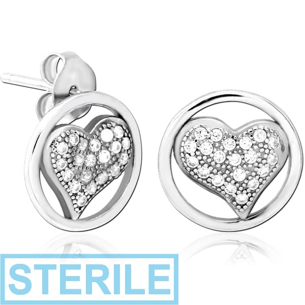 STERILE STERLING SILVER 925 JEWELLED EAR STUDS PAIR - HEART WITHIN CIRCLE