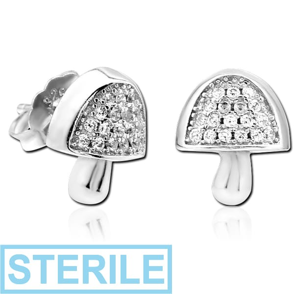 STERILE STERLING SILVER 925 JEWELLED EAR STUDS PAIR - MUSHROOM