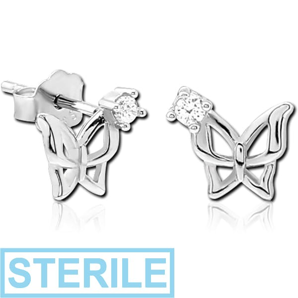 STERILE STERLING SILVER 925 JEWELLED EAR STUDS PAIR - BUTTERFLY
