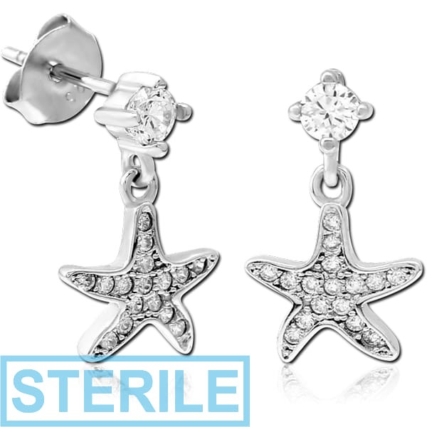 STERILE STERLING SILVER 925 JEWELLED EAR STUDS PAIR - ROUND WITH DANGLING STAR