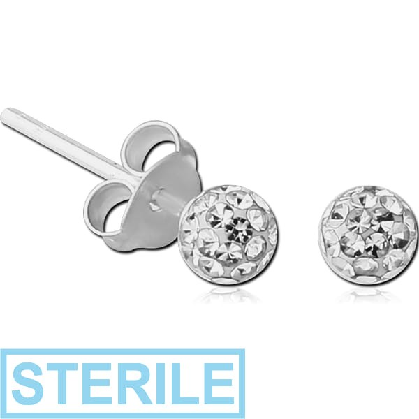STERILE STERLING SILVER 925 CRYSTALINE EAR STUDS PAIR - BALL