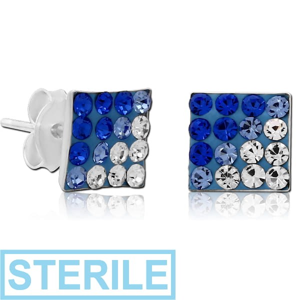 STERILE STERLING SILVER 925 CRYSTALINE EAR STUDS PAIR - SQUARE