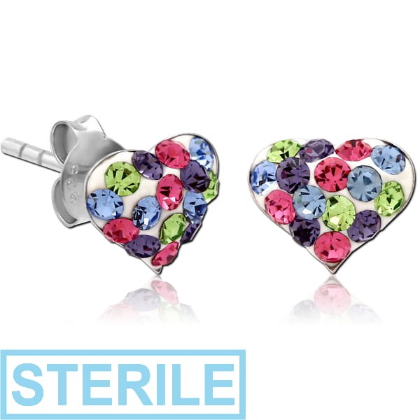 STERILE STERLING SILVER 925 CRYSTALINE EAR STUDS PAIR - HEART