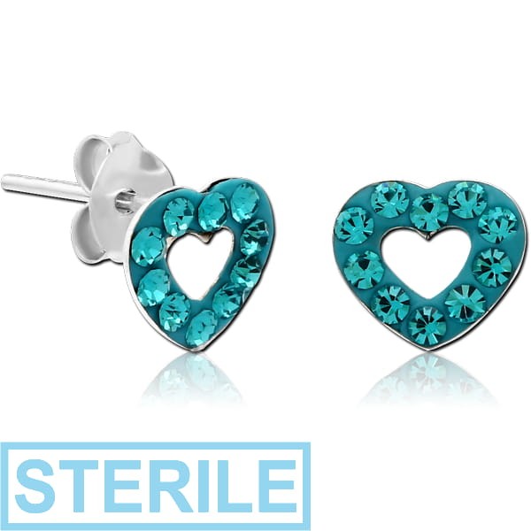 STERILE STERLING SILVER 925 CRYSTALINE EAR STUDS PAIR - HEART