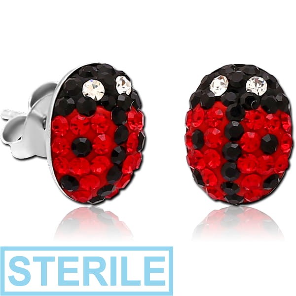 STERILE STERLING SILVER 925 CRYSTALINE EAR STUDS PAIR - LADY BUG