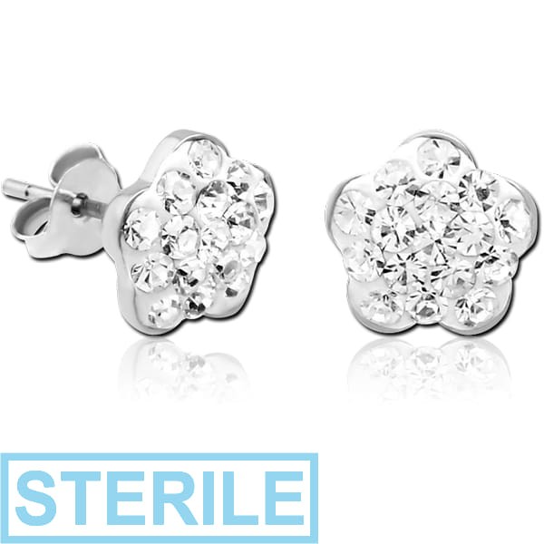 STERILE STERLING SILVER 925 CRYSTALINE EAR STUDS PAIR - FLOWER
