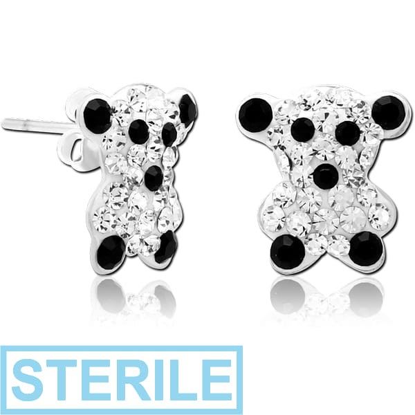 STERILE STERLING SILVER 925 CRYSTALINE EAR STUDS PAIR - BEAR