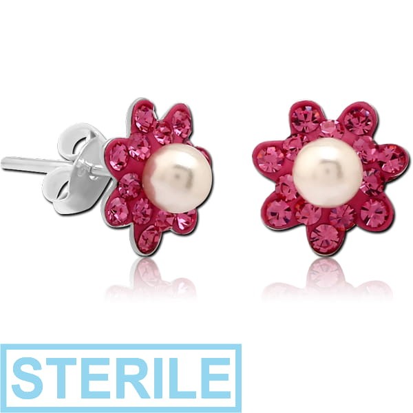 STERILE STERLING SILVER 925 CRYSTALINE EAR STUDS PAIR - FLOWER