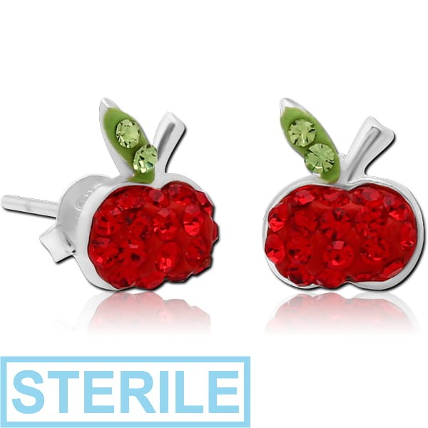 STERILE STERLING SILVER 925 CRYSTALINE EAR STUDS PAIR - APPLE