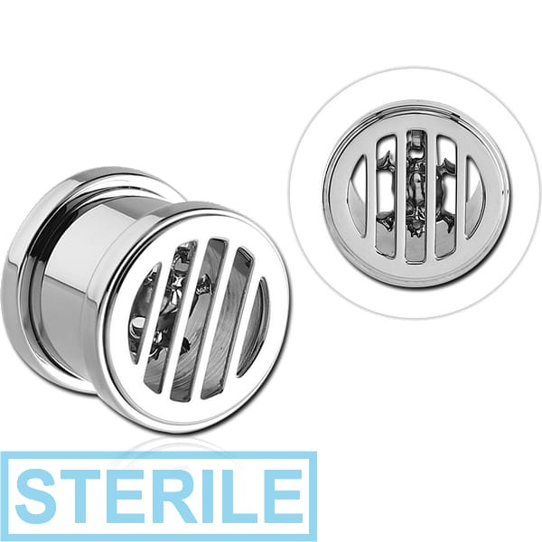 STERILE STAINLESS STEEL THREADED TUNNEL WITH SKULL AND CROSSBONES CHARM