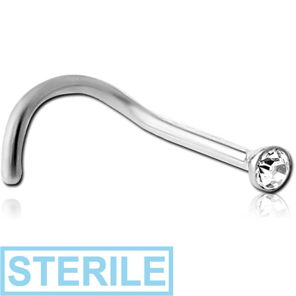 STERILE 14K WHITE GOLD CURVED BEZEL SET CZ NOSE STUD