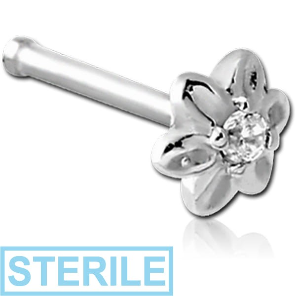 STERILE 14K WHITE GOLD JEWELLED NOSE BONE - FLOWER