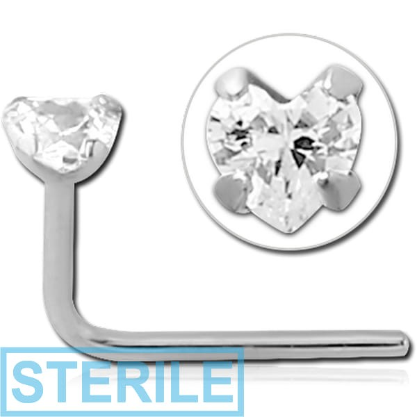 STERILE 14K WHITE GOLD 90 DEGREE PRONG SET CZ HEART NOSE STUD