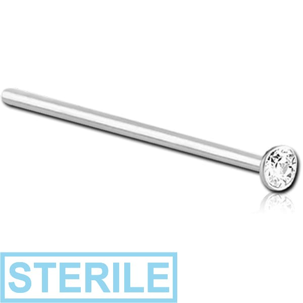 STERILE 14K WHITE GOLD STRAIGHT BEZEL SET PREMIUM CRYSTAL JEWELLED NOSE STUD