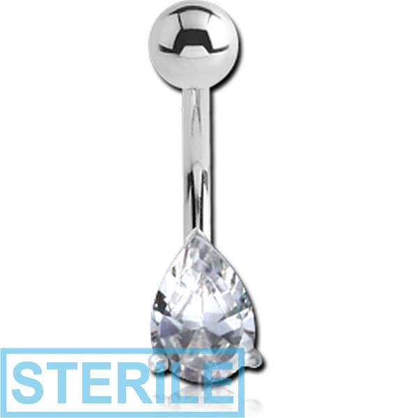 STERILE 18K WHITE GOLD JEWELLED FASHION NAVEL BANANA WITH PLAIN HOLLOW TOP BALL