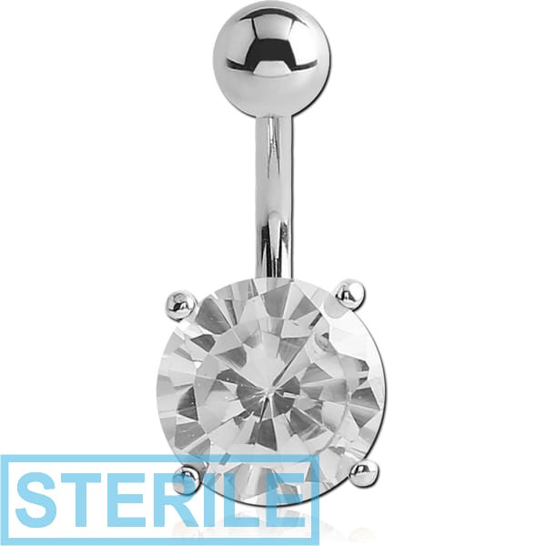STERILE 18K WHITE GOLD JEWELLED FASHION NAVEL BANANA WITH PLAIN HOLLOW TOP BALL