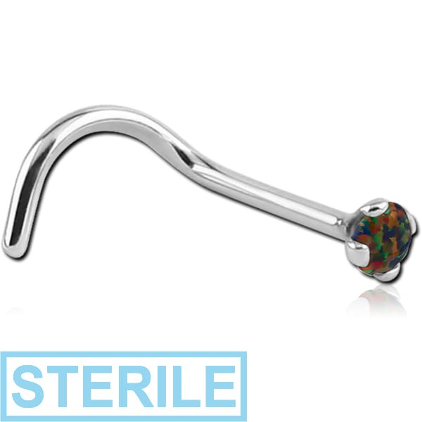 STERILE 18K WHITE GOLD 2MM PRONG SET SYNTHETIC OPAL JEWELLED CURVED NOSE STUD